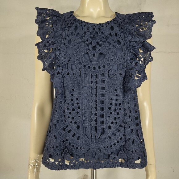 Express Tops - NWT Express dark blue eyelet lace flutter sleeve blouse shirt womens size XS